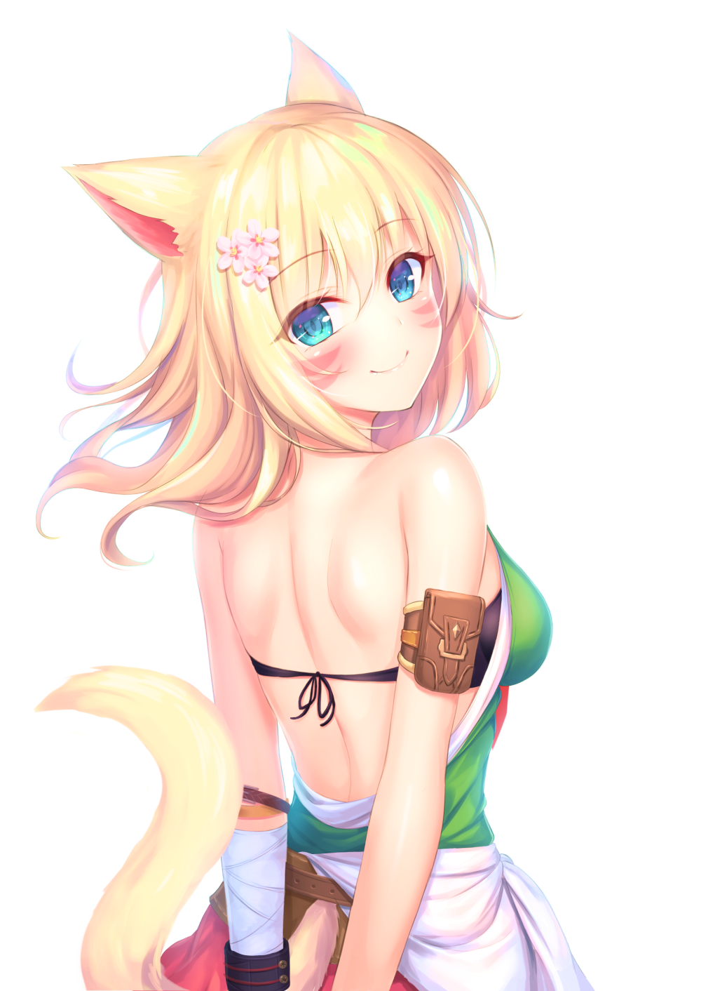 1girl animal_ears arms_behind_back backless_outfit bare_shoulders bikini_top blonde_hair blue_eyes cat_ears cat_tail commentary_request eyebrows_visible_through_hair facial_mark final_fantasy final_fantasy_xiv flower hair_flower hair_ornament highres leaves_in_wind long_hair looking_at_viewer looking_back miqo'te motion_blur mutsuba_fumi partial_commentary revision smile solo tail