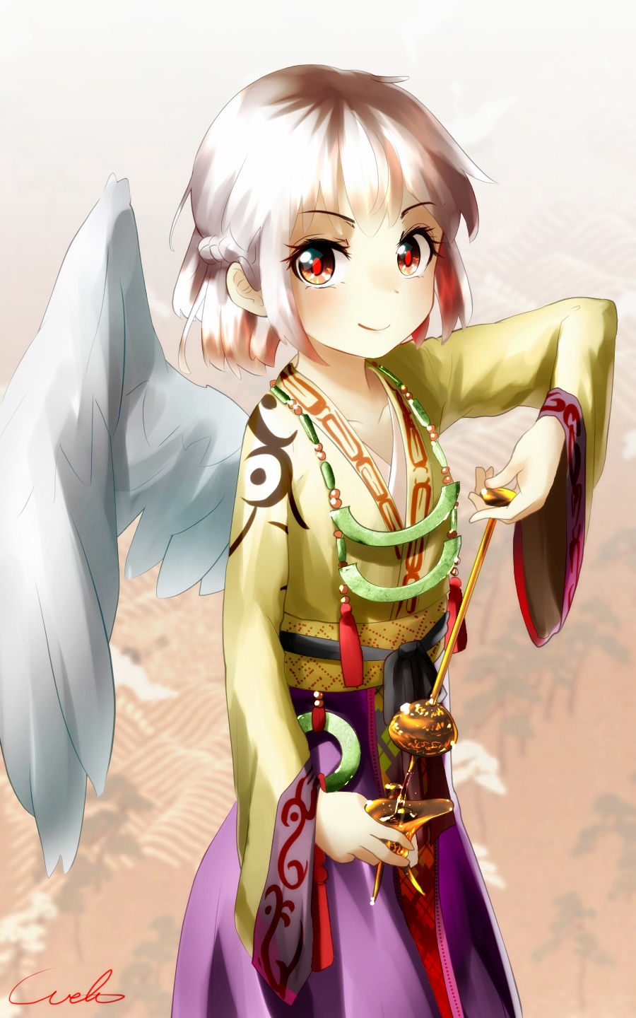 1girl alternate_costume angel_wings artist_name blurry_background braid brown_eyes brown_hair chinese_clothes flat_chest french_braid gradient_hair grey_wings hanfu highres jewelry kishin_sagume long_sleeves multicolored_hair necklace obi patterned_background red_pupils reflective_eyes ribbon sash shiny shiny_hair short_hair silver_hair single_wing smile solo touhou u-eruto wide_sleeves wings