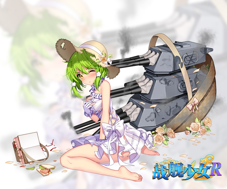 1girl alternate_costume ass bare_shoulders barefoot basket bison_cangshu blush breasts copyright_name covering covering_breasts damaged dress flower frills full_body gloves green_hair hair_ornament hat hat_flower looking_at_viewer looking_back new_orleans_(zhan_jian_shao_nyu) official_art one_eye_closed petals sandwich short_hair sitting solo star star_hair_ornament sun_hat sundress torn_clothes torn_hat wariza white_gloves wince zhan_jian_shao_nyu