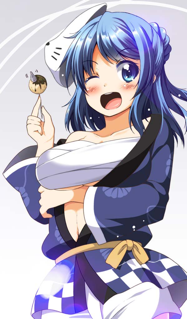 1girl alternate_costume blue_eyes blue_hair blush breasts collarbone double_bun food japanese_clothes kantai_collection kimono large_breasts long_hair long_sleeves looking_at_viewer navel off_shoulder one_eye_closed open_clothes open_kimono open_mouth sarashi shorts solo takoyaki urakaze_(kantai_collection) utsurogi_angu white_shorts