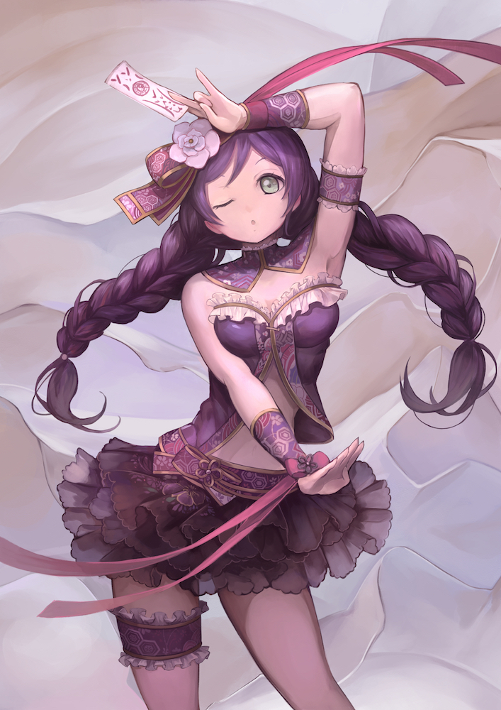 1girl arm_up braid flower green_eyes hair_flower hair_ornament kawahara_ryuuta legband long_hair looking_at_viewer love_live! love_live!_school_idol_festival love_live!_school_idol_project midriff one_eye_closed purple_hair purple_skirt skirt solo standing toujou_nozomi twin_braids