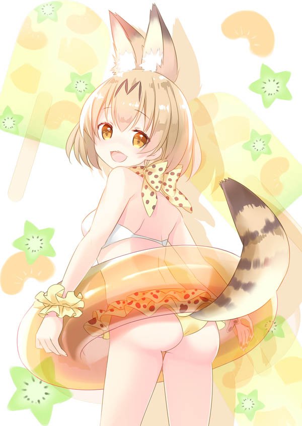 1girl animal_ears bikini blonde_hair cowboy_shot extra_ears eyebrows_visible_through_hair food from_behind fruit hinayuki_usa innertube kemono_friends kiwifruit looking_at_viewer looking_back mandarin_orange popsicle print_neckwear scrunchie serval_(kemono_friends) serval_ears serval_print serval_tail short_hair solo star swimsuit tail white_bikini_top wrist_scrunchie yellow_bikini_bottom yellow_eyes yellow_neckwear