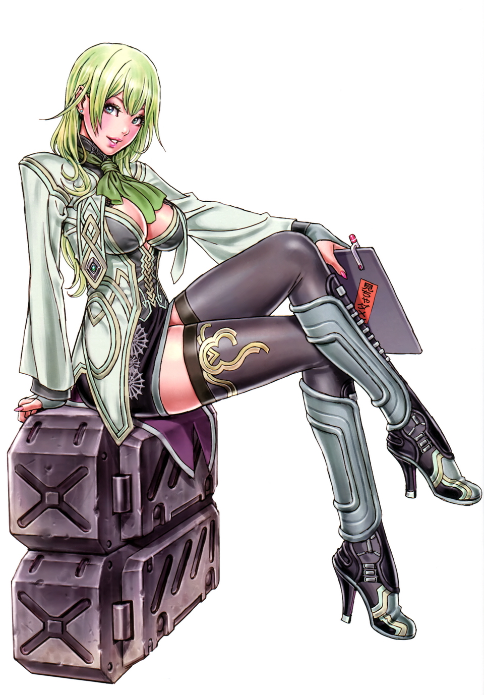 1girl arm_support ascot bangs blue_eyes blush boots border_break box breasts cleavage cleavage_cutout clipboard coat crossed_legs earrings female fingernails fiona_(border_break) full_body green_hair grey_legwear high_heels highres holding jewelry knee_boots large_breasts lipstick long_hair long_sleeves looking_at_viewer makeup miniskirt open_clothes open_coat pencil_skirt simple_background sitting skirt smile solo thigh-highs turtleneck white_background yamashita_shun'ya zettai_ryouiki
