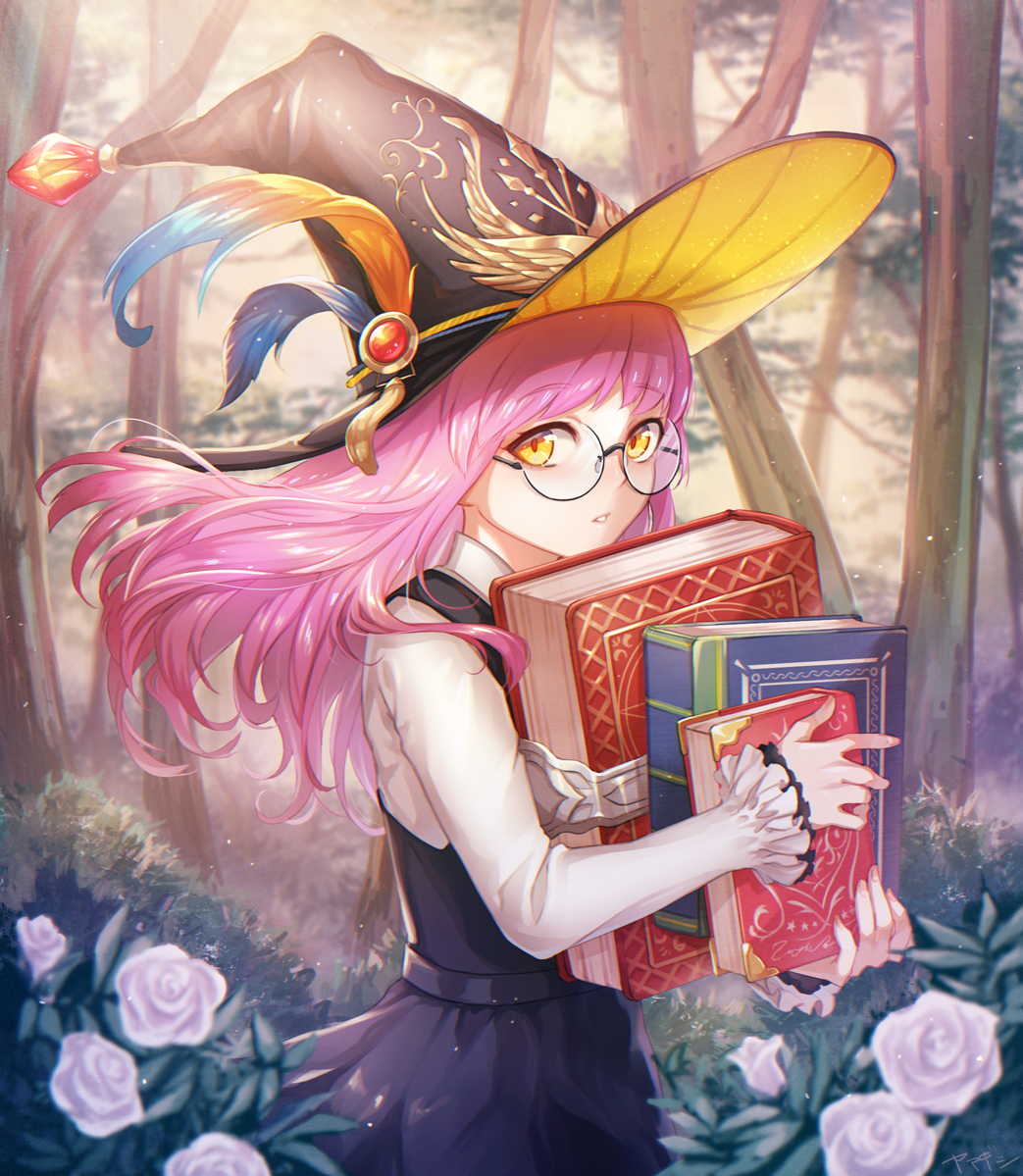 1girl black_hat black_skirt black_vest book book_hug book_stack carrying commentary_request day eyebrows eyebrows_visible_through_hair female flower forest glasses hat hat_feather holding holding_book jewelry light_rays long_hair long_sleeves looking_at_viewer nature original outdoors parted_lips pink_hair rose round_glasses shirt skirt solo sunbeam sunlight upper_body white_flower white_rose white_shirt witch witch_hat xxxpechkaxxx yellow_eyes