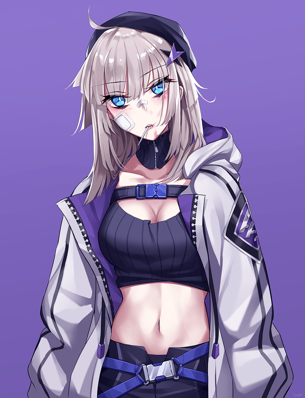 1girl aa-12_(girls_frontline) ahoge baggy_clothes bags_under_eyes bandaid bandaid_on_nose bangs black_hat black_shorts blue_eyes breasts bruise bruise_on_face buckle candy choker cleavage clothes_pull eyebrows_visible_through_hair food gauze girls_frontline gloves hair_ornament hat head_tilt highres hood hood_down hooded_jacket injury jacket lollipop long_hair looking_at_viewer medium_breasts mouth_hold navel open_clothes open_jacket open_mouth purple_background ribbed_sweater shorts sidelocks signature silver_hair simple_background solo star star_hair_ornament stomach strap sweater sweater_pull sweater_vest vvy