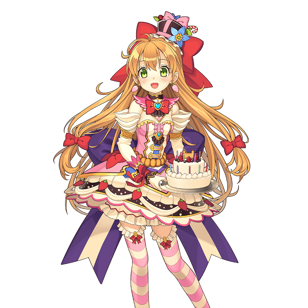 1girl :d cake carrying detached_sleeves dress food food_themed_clothes green_eyes hat long_hair low-tied_long_hair official_art open_mouth orange_hair smile solo striped striped_legwear thigh-highs transparent_background tray uchi_no_hime-sama_ga_ichiban_kawaii