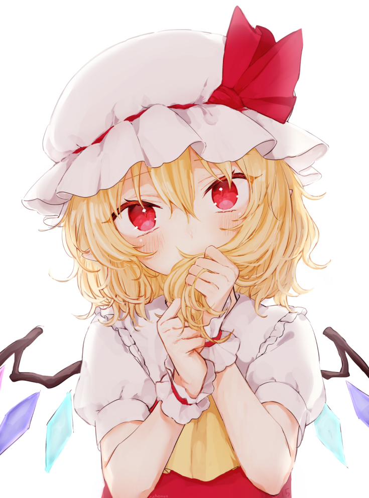 1girl ascot blush clenched_hands commentary_request crystal eyebrows_visible_through_hair flandre_scarlet frilled_shirt_collar frills hair_between_eyes hair_grab hands_up hat hat_ribbon head_tilt honotai looking_at_viewer mob_cap puffy_short_sleeves puffy_sleeves red_ribbon red_vest ribbon short_hair short_sleeves simple_background solo touhou upper_body vest white_background white_hat wings wrist_cuffs yellow_neckwear
