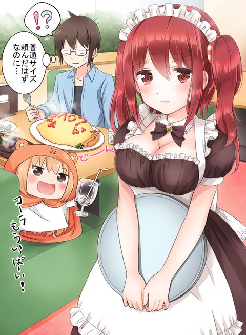 !? 1boy 2girls :d alternate_costume animal_costume apron black_bow black_bowtie black_dress blush bow bowtie breasts brown_eyes chibi cleavage commentary_request cup detached_collar doma_taihei doma_umaru dress drinking_glass ebina_nana enmaided food glasses hamster_costume himouto!_umaru-chan holding holding_tray large_breasts long_hair looking_at_viewer maid maid_apron maid_headdress multiple_girls nanairo_fuuka omurice open_mouth puffy_short_sleeves puffy_sleeves red_eyes redhead short_sleeves sitting smile spoken_interrobang spoon steak table tempura translation_request tray two_side_up waist_apron wine_glass