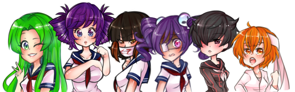 6+girls alternate_costume bandana black_hair breasts brown_eyes chibi delinquent drill_hair green_eyes green_hair kokona_haruka_(yandere_simulator) large_breasts long_hair midori_gurin_(yandere_simulator) multiple_girls open_eyes open_mouth orange_eyes orange_hair purple_hair school_uniform shima_shita short_hair supana_churu_(yandere_simulator) violet_eyes yandere yandere-chan yandere_simulator