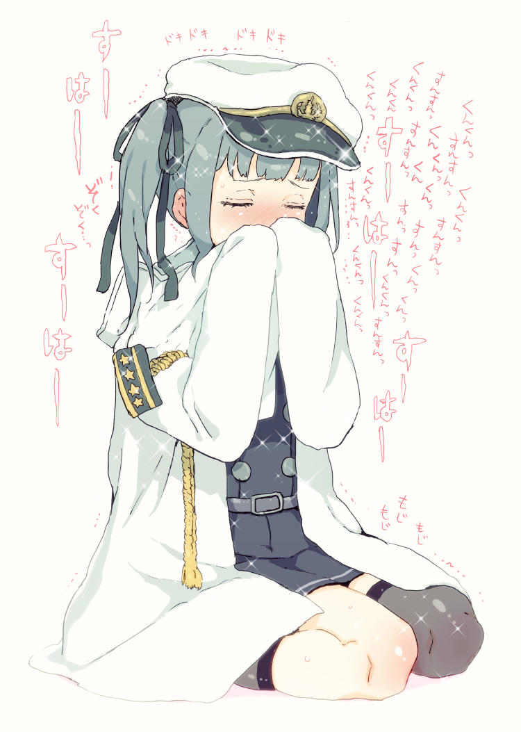 1girl asymmetrical_legwear bangs blunt_bangs closed_eyes comic commentary_request dress epaulettes gomennasai grey_hair hair_ribbon hands_together hat jacket kantai_collection kasumi_(kantai_collection) military military_hat military_uniform peaked_cap pinafore_dress ribbon school_uniform side_ponytail sitting smelling solo sparkle thigh-highs translation_request uniform wariza white_background