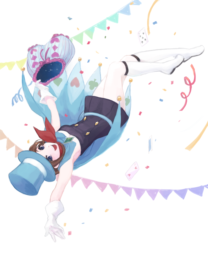 1girl :d bloomers blue_hat boots brown_hair card confetti gloves gyakuten_saiban gyakuten_saiban_4 hand_up hat kerchief mzkui_232 naruhodou_minuki open_mouth playing_card smile solo underwear upside-down white_boots white_gloves