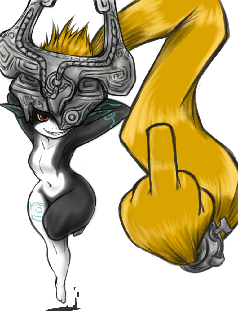 1girl breasts grin helmet imp long_hair middle_finger midna navel pointy_ears smile solo the_legend_of_zelda the_legend_of_zelda:_twilight_princess very_long_hair
