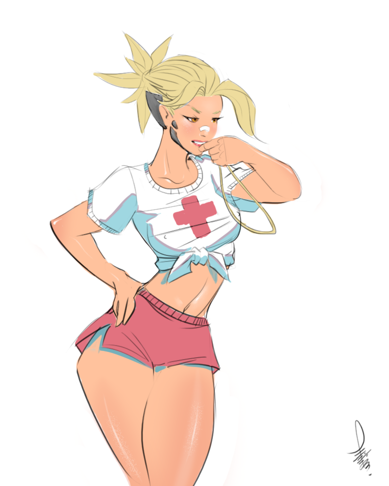 1girl bandaid bandaid_on_nose bare_legs blonde_hair breasts brown_eyes commentary covered_nipples front-tie_top hand_on_hip high_ponytail lifeguard medium_breasts mercy_(overwatch) midriff navel overwatch philip_bawasanta ponytail red_cross short_hair short_shorts shorts sketch solo whistle