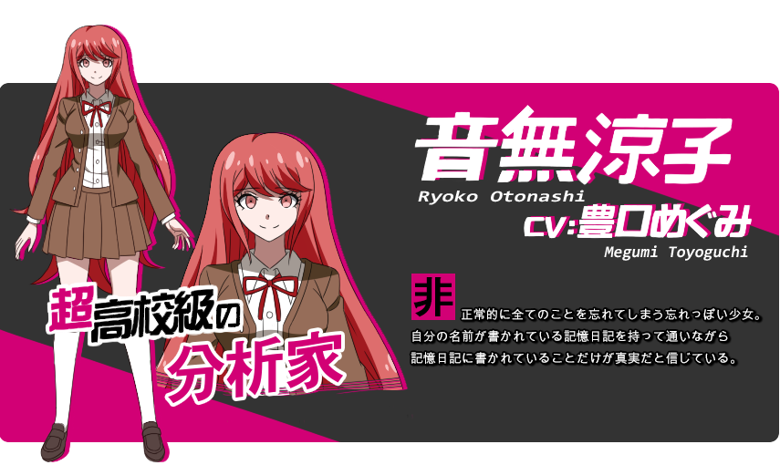 1girl character_name character_profile commentary dangan_ronpa dangan_ronpa/zero dangan_ronpa_3 long_hair long_sleeves looking_at_viewer multiple_views official_style otonashi_ryouko pleated_skirt red_eyes redhead rondu school_uniform skirt smile translation_request