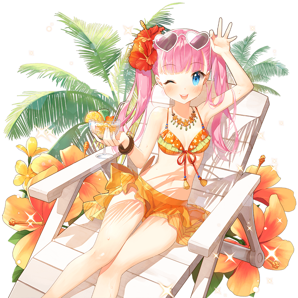 1girl beach_chair bikini bikini_skirt blue_eyes blush bracelet drink drinking_straw flower front-tie_bikini front-tie_top glasses_on_head hair_flower hair_ornament heart-shaped_glasses holding jewelry long_hair looking_at_viewer lying navel necklace official_art one_eye_closed open_mouth pink_hair salt_(salty) solo sparkle sunglasses swimsuit twintails uchi_no_hime-sama_ga_ichiban_kawaii