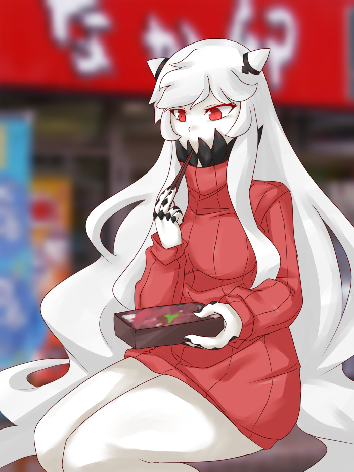 1girl alternate_costume chopsticks commentary_request covering_mouth eating horns kantai_collection long_hair midway_hime obentou pale_skin red_eyes ribbed_sweater sangue_llia shinkaisei-kan sitting solo sweater white_hair white_skin