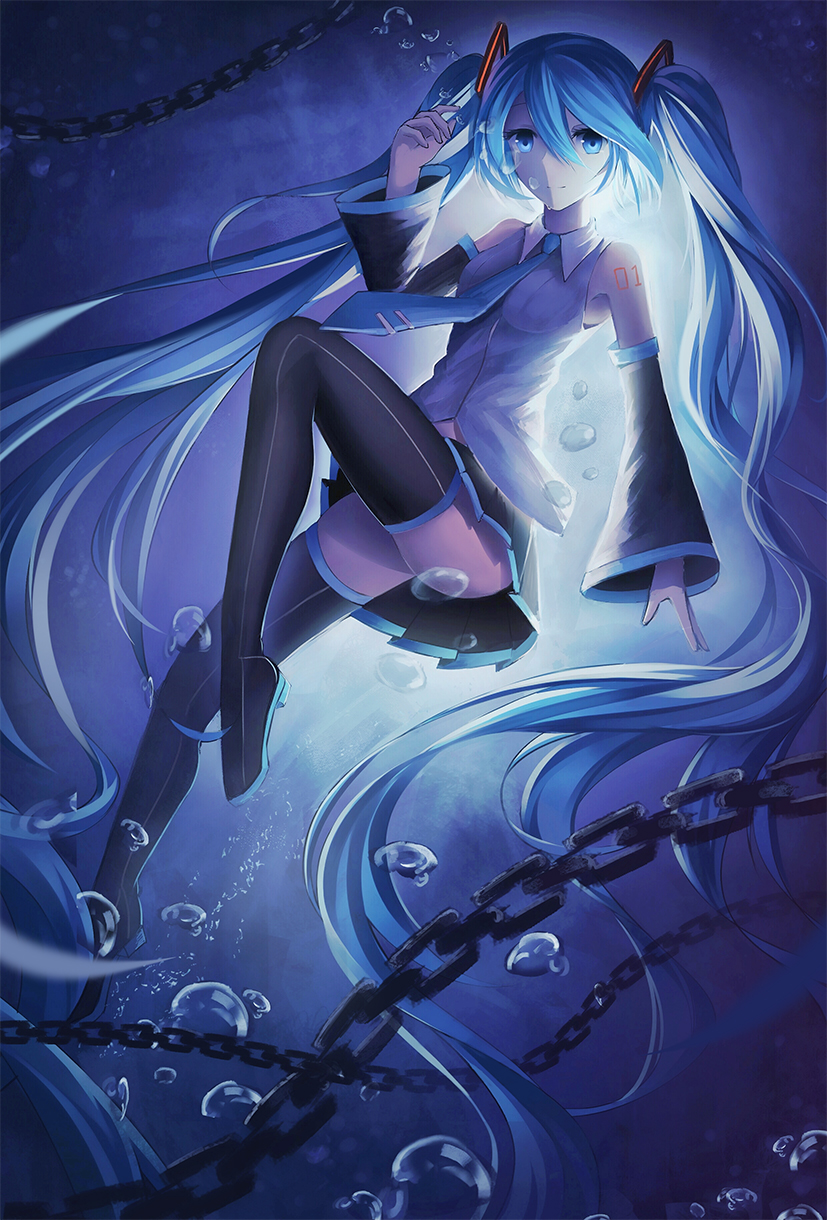 1girl black_boots black_skirt blue_eyes blue_hair blue_necktie boots bubble detached_sleeves hair_between_eyes hair_ornament hatsune_miku highres long_hair looking_at_viewer necktie number pleated_skirt shirt skirt solo thigh-highs thigh_boots twintails underwater very_long_hair vocaloid white_shirt zqzqy