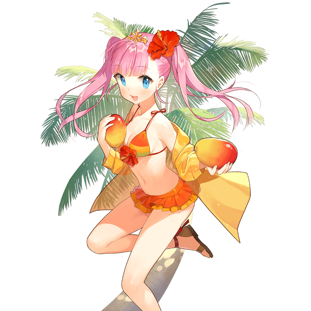 1girl bikini bikini_skirt blue_eyes character_request flower hair_flower hair_ornament holding long_hair looking_at_viewer mango navel off_shoulder official_art open_mouth palm_tree pink_hair salt_(salty) sandals smile solo strap_gap swimsuit transparent_background tree twintails uchi_no_hime-sama_ga_ichiban_kawaii