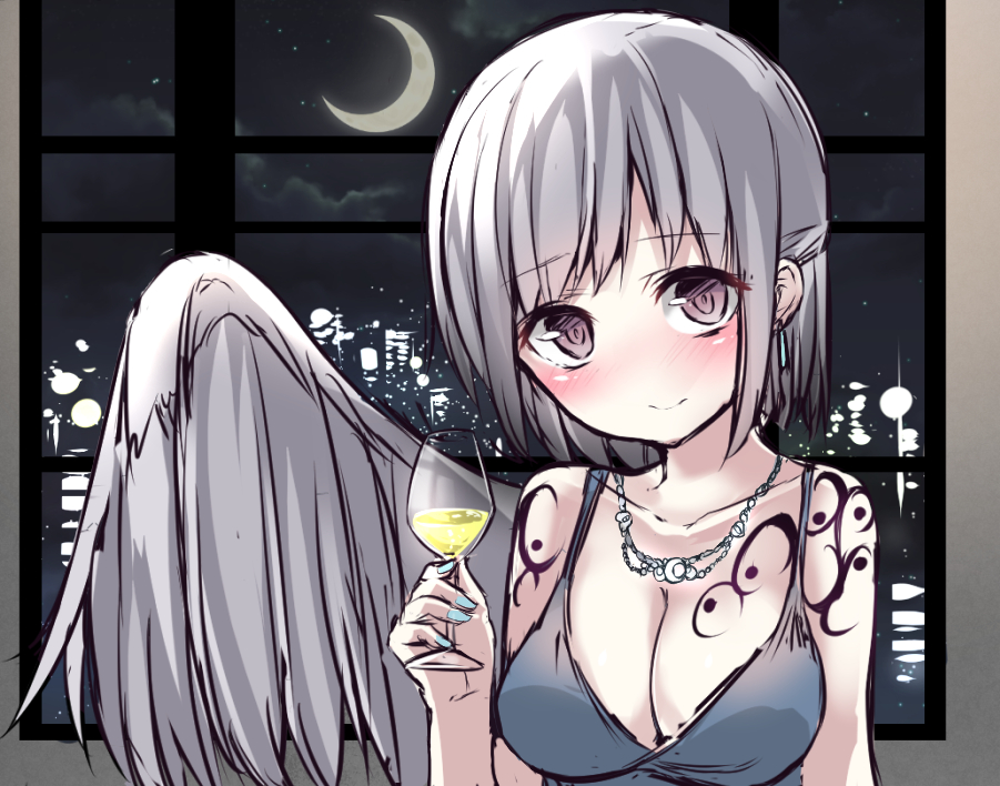 1girl alternate_costume bare_shoulders blush breasts city_lights cityscape cleavage crescent_moon cup dress drinking_glass formal grey_hair grey_wings head_tilt holding_glass indoors jewelry kishin_sagume looking_at_viewer moon necklace night night_sky shamuichi shy single_wing sky smile solo tattoo touhou violet_eyes window wine_glass wings