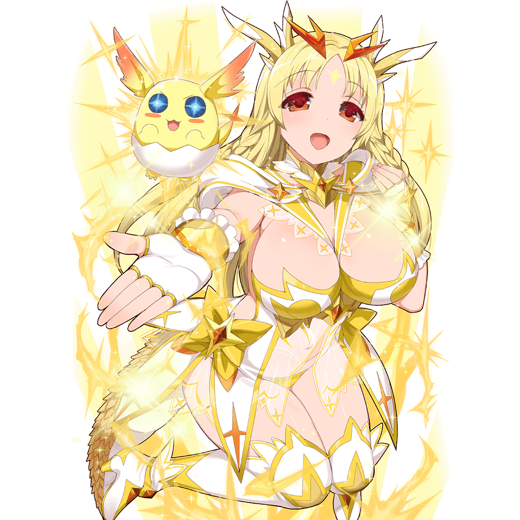 1girl blonde_hair breasts character_request creature dragon_tail hatch horns kusaka_souji large_breasts long_hair looking_at_viewer official_art open_mouth red_eyes solo tail transparent_background uchi_no_hime-sama_ga_ichiban_kawaii yellow