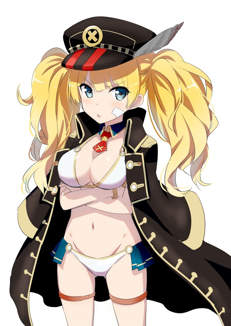 &gt;:o 1girl :o bandage_on_face bikini black_hat blonde_hair blue_eyes blue_skirt blush breasts cleavage coat crossed_arms detached_collar eyebrows eyebrows_visible_through_hair gochou_(atemonai_heya) granblue_fantasy hat hips large_breasts long_hair looking_at_viewer military_hat miniskirt monica_(granblue_fantasy) navel necktie open_mouth pleated_skirt red_necktie ribbon simple_background skirt solo swimsuit thigh_ribbon thighs twintails wavy_hair white_background white_bikini