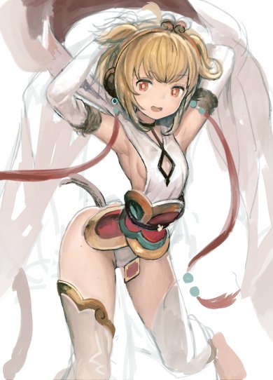 1girl :d ahoge anchira_(granblue_fantasy) animal_ears arched_back armpits arms_behind_head ass bangs beads blonde_hair breasts choker cleavage_cutout detached_sleeves ear_piercing fur_trim granblue_fantasy hair_flaps hairband legs_apart leotard looking_at_viewer monkey_ears monkey_tail obi open_mouth organ_derwald piercing red_eyes sash see-through shawl sideboob simple_background sketch skinny small_breasts smile solo standing tail tassel thigh-highs toeless_legwear white_background white_legwear white_leotard wide_sleeves