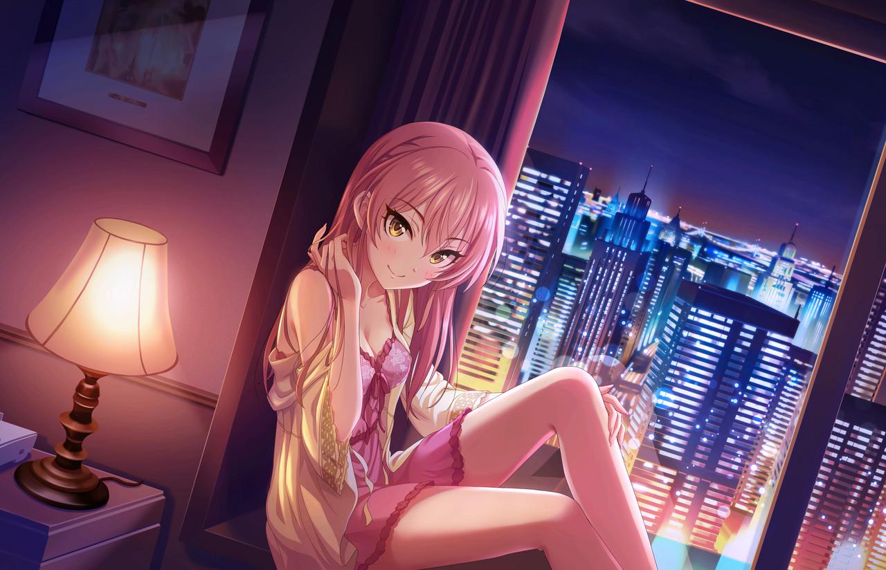 1girl alternate_hairstyle artist_request bangs bare_legs blush breasts building city cleavage curtains desk_lamp dutch_angle eyelashes hair_between_eyes hand_in_hair hand_on_leg hand_up head_tilt horizon idolmaster idolmaster_cinderella_girls idolmaster_cinderella_girls_starlight_stage indoors jougasaki_mika jpeg_artifacts knee_up lamp long_hair looking_at_viewer night night_sky nightgown official_art picture_frame pink_hair sitting sitting_in_window sky skyscraper smile solo tsurime yellow_eyes