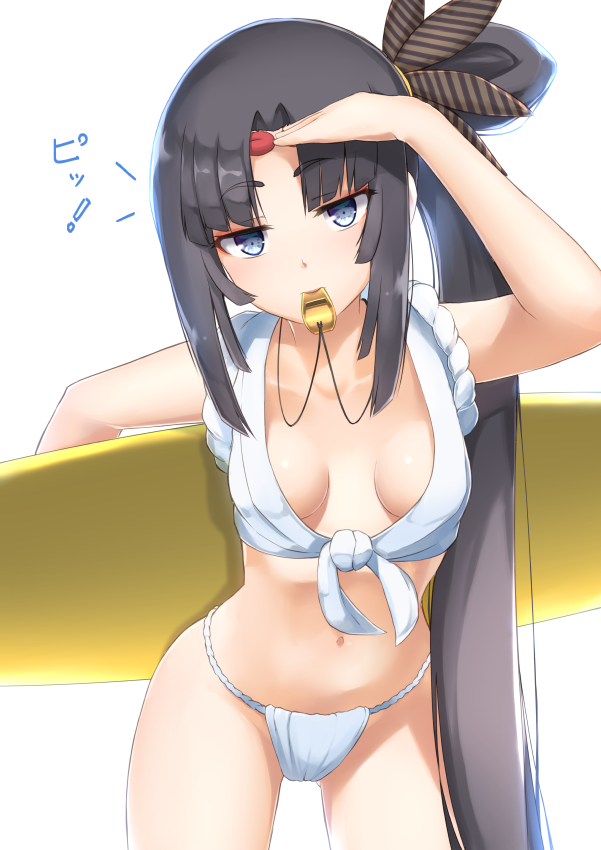 1girl black_hair blue_eyes breasts fate/grand_order fate_(series) fundoshi japanese_clothes long_hair looking_at_viewer navel p!nta side_ponytail solo surfboard ushiwakamaru_(fate/grand_order) whistle