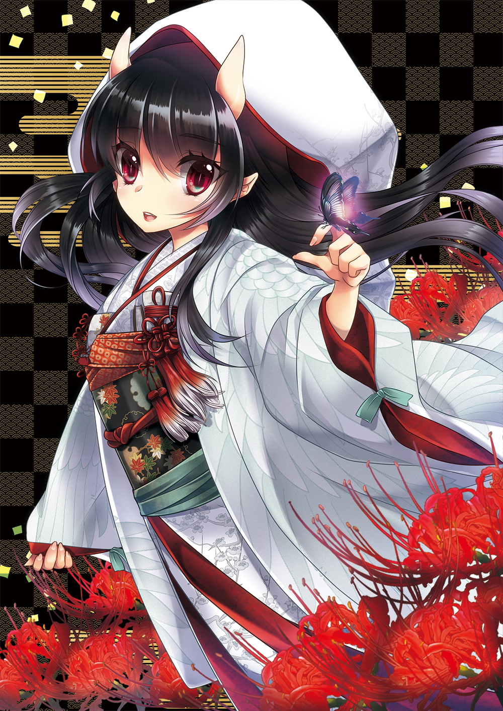 1girl black_hair bow butterfly butterfly_on_hand checkered checkered_background copyright_request eyebrows eyebrows_visible_through_hair floral_print flower green_bow highres hinomoto_oniko hood horns japanese_clothes keroyon kimono long_hair obi oni_horns original pointy_ears red_eyes red_flower sash sleeves_past_wrists smile solo spider_lily tassel uchikake white_kimono white_robe wide_sleeves wing_print