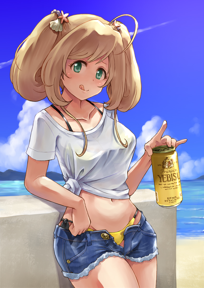 1girl ahoge alcohol bangs beach beer beer_can bikini bikini_under_clothes blonde_hair blue_shorts blush breasts can collarbone cutoffs denim denim_shorts green_eyes highres holding holding_can idolmaster idolmaster_cinderella_girls leaning_back long_hair looking_at_viewer medium_breasts navel open_clothes open_shorts satomura_kyou satou_shin shirt short_shorts shorts side-tie_bikini sidelocks sky smile solo swept_bangs swimsuit t-shirt tied_shirt twintails white_shirt yellow_bikini