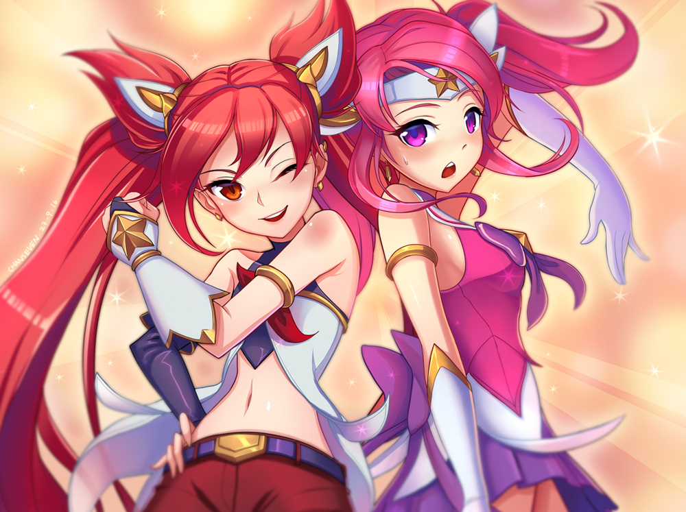 2girls ;) armlet artist_name bangs bare_shoulders bracer chan_qi_(fireworkhouse) commentary_request cure_black cure_white dated earrings elbow_gloves futari_wa_precure futari_wa_precure_max_heart gloves hand_on_hip headband jewelry jinx_(league_of_legends) league_of_legends long_hair luxanna_crownguard magical_girl midriff multiple_girls navel one_eye_closed open_mouth orange_eyes parody pink_eyes pink_hair ponytail precure purple_skirt red_eyes redhead skirt smile standing star_guardian_jinx star_guardian_lux swept_bangs twintails very_long_hair violet_eyes white_gloves
