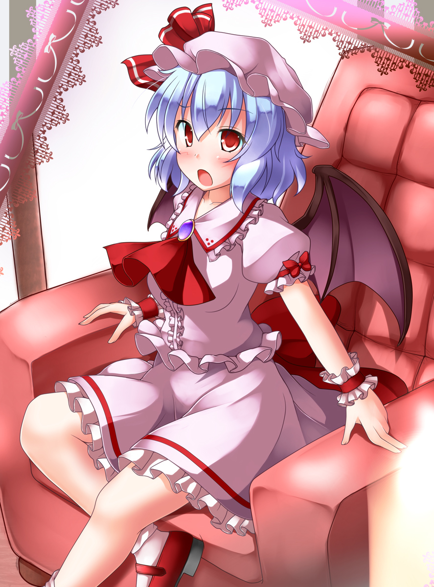 1girl aka_tawashi arm_garter ascot bat_wings blue_hair bow brooch commentary_request couch crossed_legs hair_between_eyes hat hat_ribbon highres jewelry looking_at_viewer mary_janes mob_cap open_mouth pink_hat pink_shirt pink_skirt puffy_short_sleeves puffy_sleeves red_bow red_eyes red_ribbon red_shoes remilia_scarlet ribbon shirt shoes short_hair short_sleeves sitting skirt solo touhou white_legwear wings wrist_cuffs