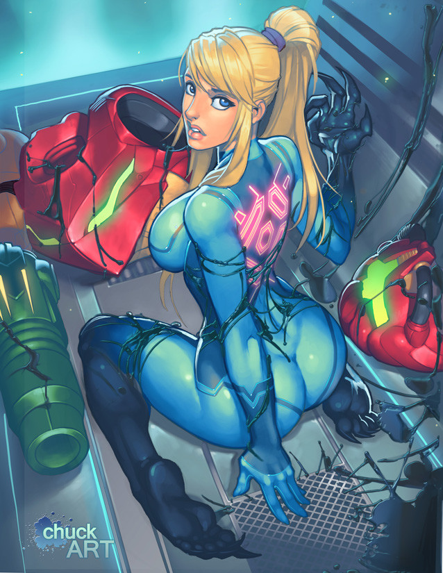 1girl armor_removed ass blonde_hair blue_eyes bodysuit chuck_pires claws corruption female from_behind looking_at_viewer metroid samus_aran solo symbiote varia_suit zero_suit