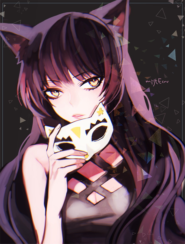 1girl animal_ears black_background black_hair blake_belladonna cat_ears cat_mask ecru eye_mask mask rwby solo twitter_username yellow_eyes