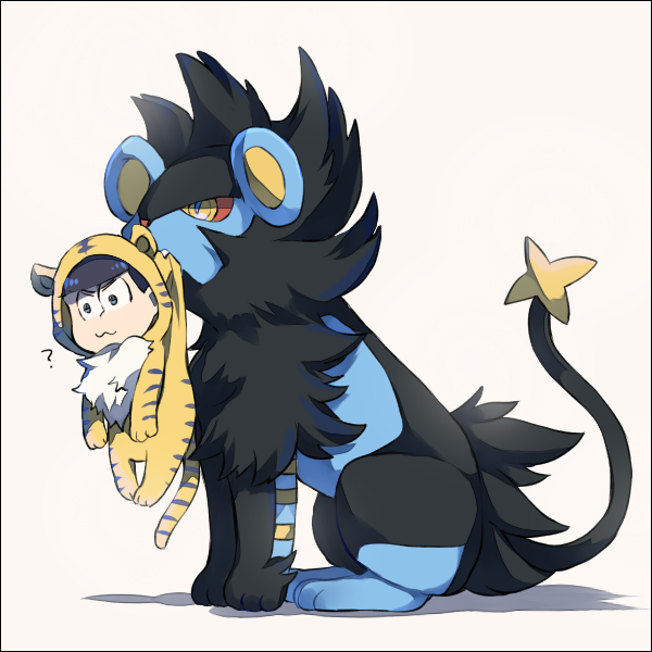 &gt;:3 :3 ? animal_costume black_border black_hair blue_eyes border bowl_cut chibi confused crossover fang fang_out full_body kurosawa_kazuto looking_at_viewer luxray matsuno_karamatsu mouth_hold osomatsu-kun osomatsu-san pokemon pokemon_(creature) simple_background tiger_costume tiger_print