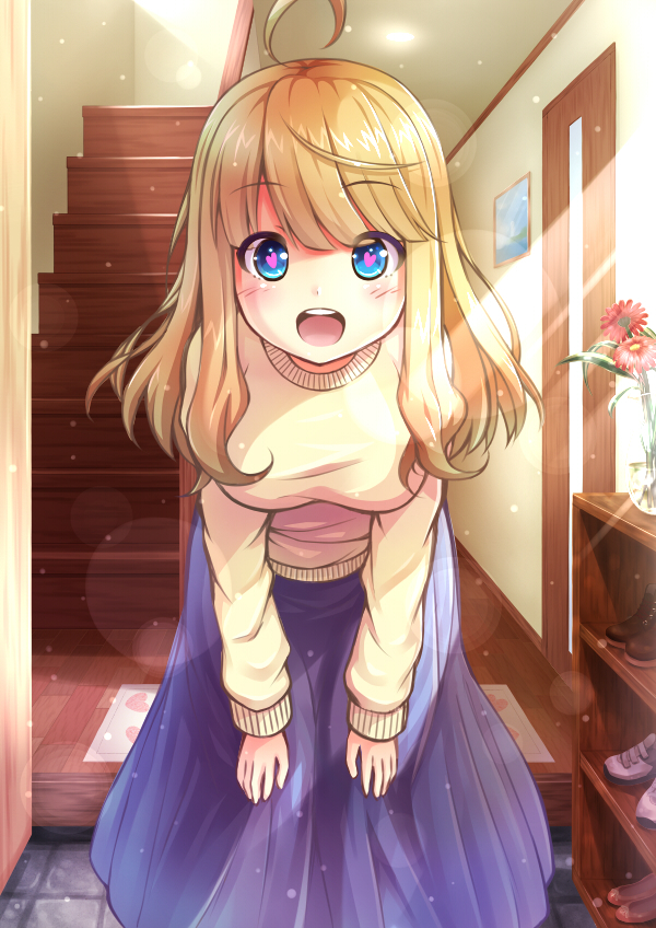 1girl :d ahoge bent_over blonde_hair blue_eyes blue_skirt blush breasts entrance flower hands_on_own_knees heart heart-shaped_pupils kzneet light_particles long_hair long_skirt long_sleeves looking_at_viewer medium_breasts open_mouth original picture_frame shelf shoes skirt smile solo stairs sweater symbol-shaped_pupils vase wooden_door