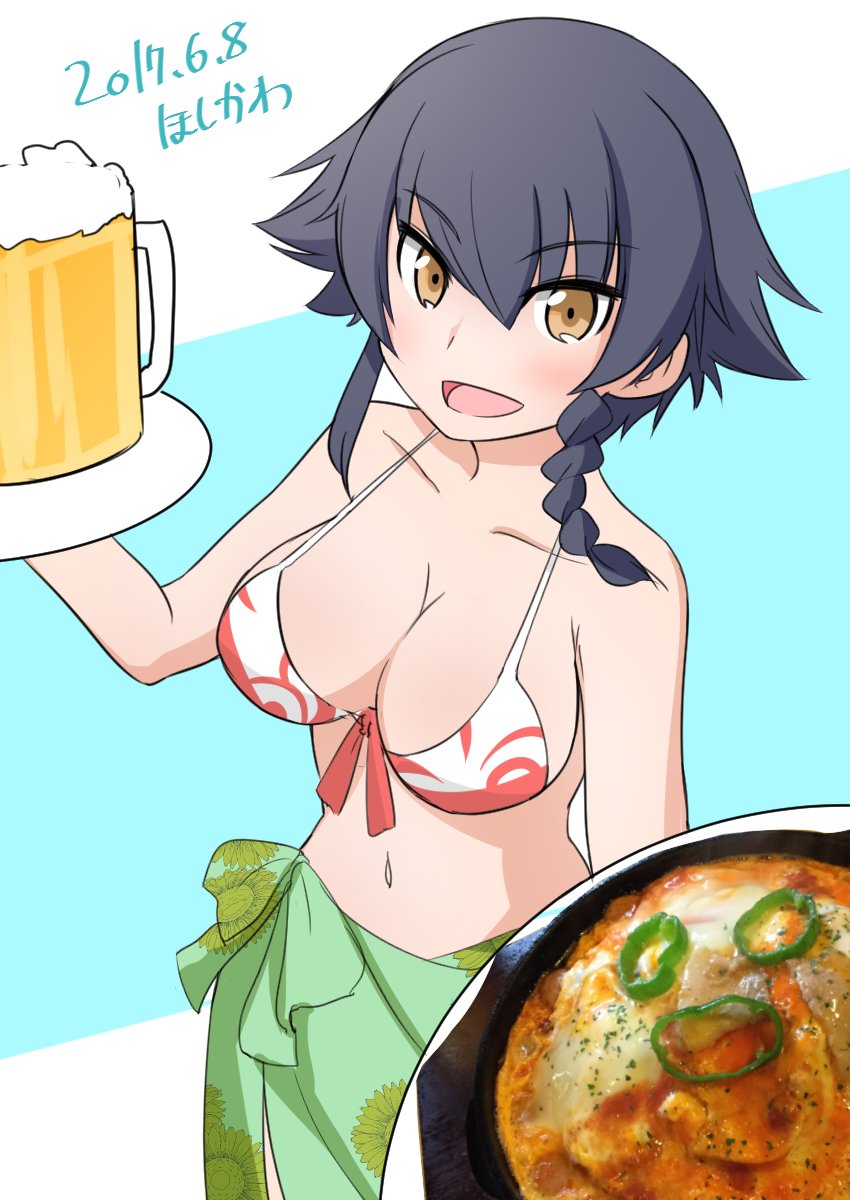 1girl alcohol artist_name bangs beer beer_mug bikini black_hair braid breasts brown_eyes commentary_request dated eyebrows_visible_through_hair food front-tie_bikini front-tie_top girls_und_panzer green_sarong highres holding holding_food hoshikawa_(hoshikawa_gusuku) looking_at_viewer medium_breasts navel open_mouth partial_commentary pepperoni_(girls_und_panzer) photo_inset red_bikini sarong short_hair side_braid signature smile solo standing swimsuit tray