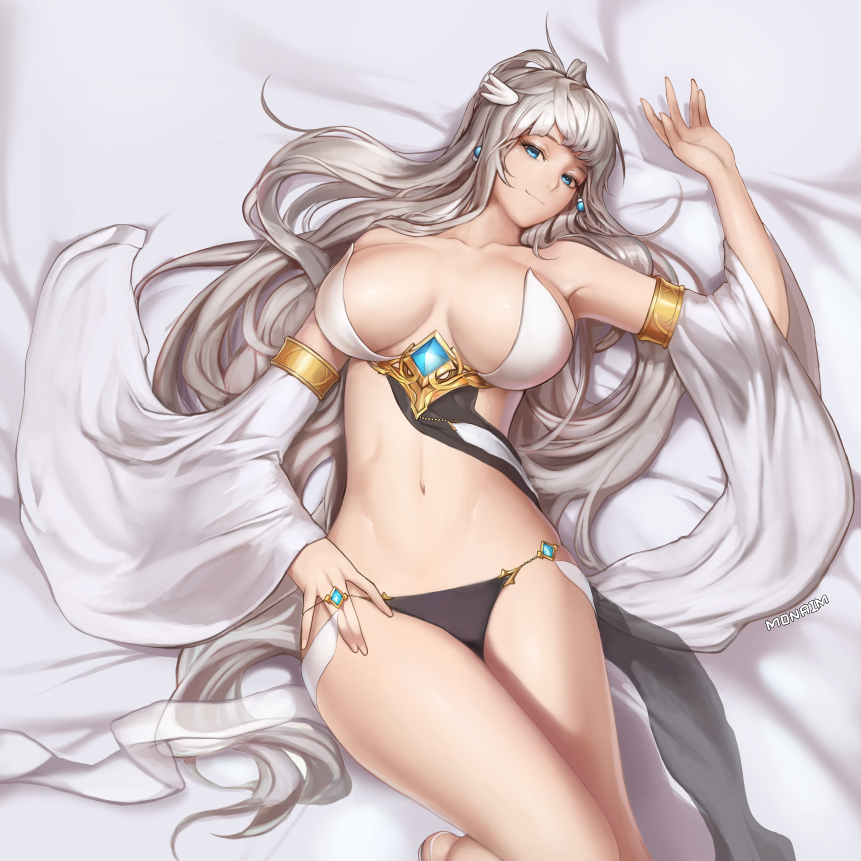 1girl armlet artist_name bangs bare_shoulders breasts closed_mouth crystal detached_sleeves dungeon_and_fighter earrings gem hand_under_clothes head_wings jewelry large_breasts long_hair looking_at_viewer lying monaim navel on_back on_bed original revealing_clothes see-through silver_hair smile solo stomach strapless very_long_hair wide_sleeves