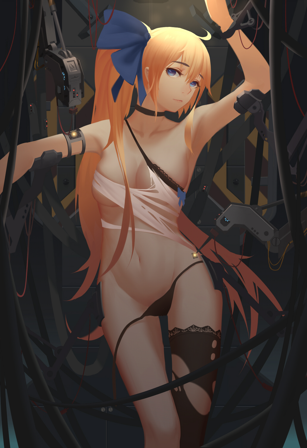 1girl artist_request bangs black_legwear blonde_hair blue_eyes bow breasts choker fal_(girls_frontline) girls_frontline highres long_hair md5_mismatch midriff navel side_ponytail single_thighhigh solo thigh-highs thigh_strap thighs torn_clothes very_long_hair
