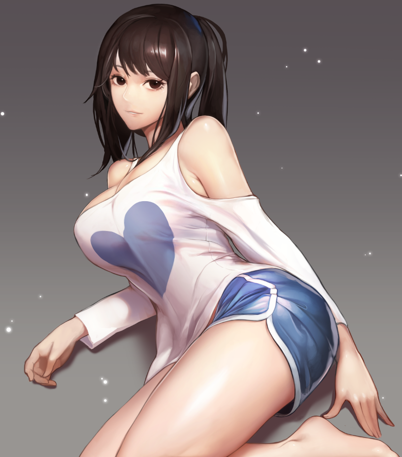 1girl bangs bare_legs bare_shoulders barefoot black_eyes black_hair blue_shorts breasts cleavage dungeon_and_fighter eyelashes gradient gradient_background grey_background heart_print large_breasts light_particles long_hair long_sleeves looking_at_viewer lying monaim on_side parted_lips ponytail shorts shoulder_cutout smile solo