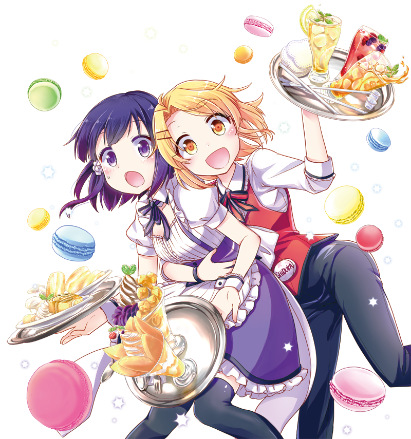 2girls apron arms_around_waist bangs blonde_hair blue_eyes blue_hair blue_skirt bow breasts cleavage collar commentary_request doily dress drink flower food frilled_collar frilled_skirt frills fruit hair_flower hair_ornament hairclip knees_together_feet_apart lemon looking_at_viewer macaron mikagami_hiyori multiple_girls name_tag open_mouth orange original pants parfait parted_bangs puffy_short_sleeves puffy_sleeves red_vest shirt short_hair short_sleeves sketch skirt small_breasts smile spilling spoon strawberry surprised thigh-highs tray vest waiter waitress white_background wrist_cuffs yellow_eyes