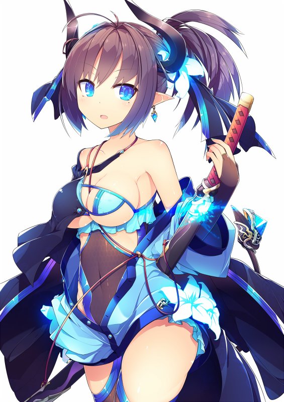 1girl asymmetrical_clothes bangs bare_shoulders between_breasts blue_eyes breasts bridal_gauntlets brown_hair earrings elf flower frills gradient_hair hair_flower hair_ornament holding horns ichiyan jewelry katana large_breasts lily_(flower) looking_at_viewer micro_bikini_top midriff mole mole_under_eye multicolored_hair navel open_clothes open_mouth original pointy_ears ponytail see-through simple_background solo sword tail tail_ornament thigh-highs under_boob upper_body weapon white_background