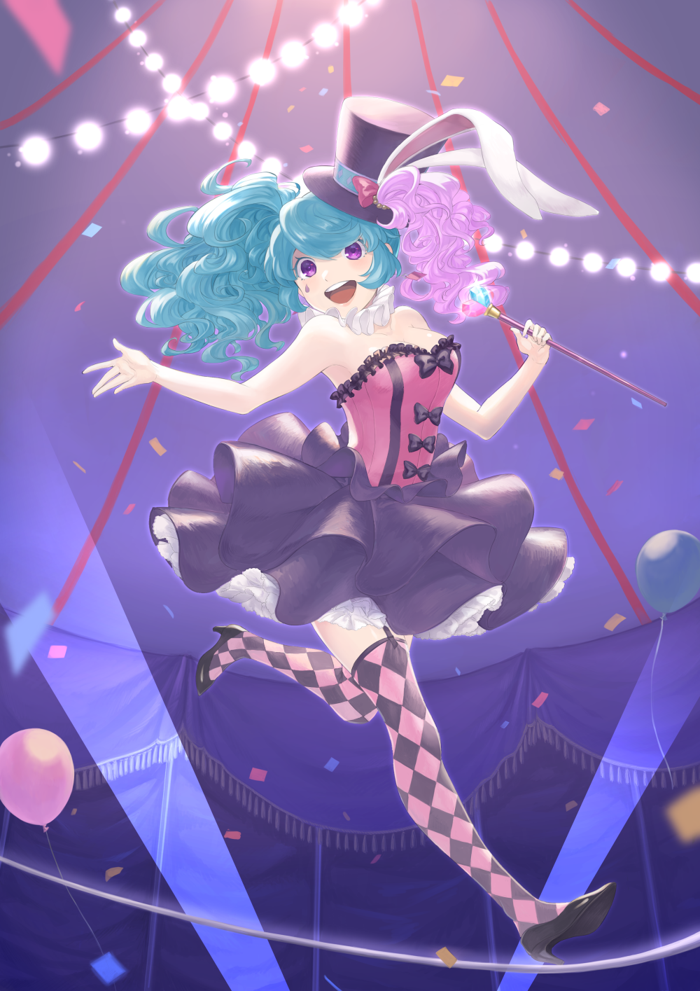 1girl :d animal_ears aqua_hair balloon bare_shoulders black_hat black_shoes black_skirt bow breasts checkered checkered_legwear confetti fake_tears full_body garter_straps hat hat_bow heart high_heels highres indoors long_hair medium_breasts multicolored_hair mzkui_232 open_mouth original pink_hair rabbit_ears shoes skirt smile solo thigh-highs tightrope twintails violet_eyes wand