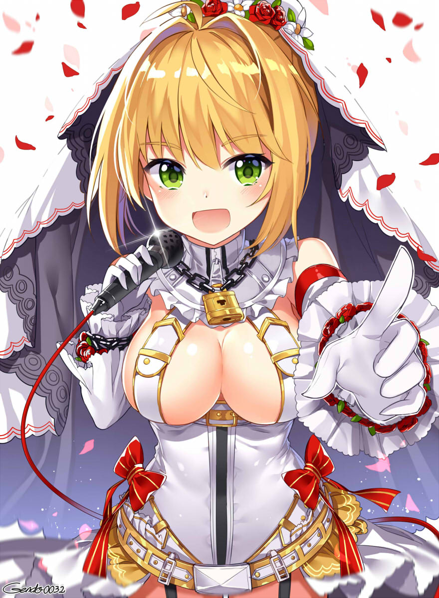 1girl :d adapted_costume ahoge artist_name bangs belt blonde_hair blush bow breasts chain cleavage cowboy_shot detached_sleeves eyebrows eyebrows_visible_through_hair fate/grand_order fate_(series) flower flower_bracelet garter_straps gendo0033 glint gloves green_eyes hair_flower hair_intakes hair_ornament highres holding_microphone leotard light_particles lock looking_at_viewer microphone motion_blur open_mouth outstretched_arm padlock petals pointing pointing_at_viewer red_bow red_flower red_rose rose rose_petals saber_bride saber_extra showgirl_skirt sidelocks smile solo veil white_background white_flower white_gloves white_leotard wire zipper