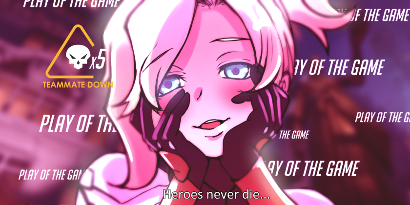 1girl black_gloves blonde_hair blue_eyes blush bodysuit close-up eyebrows eyebrows_visible_through_hair eyelashes face gloves hands_on_own_cheeks hands_on_own_face high_collar kyoute long_sleeves looking_at_viewer mercy_(overwatch) mirai_nikki open_mouth overwatch parody play_of_the_game ponytail solo teeth turtleneck yandere yandere_trance