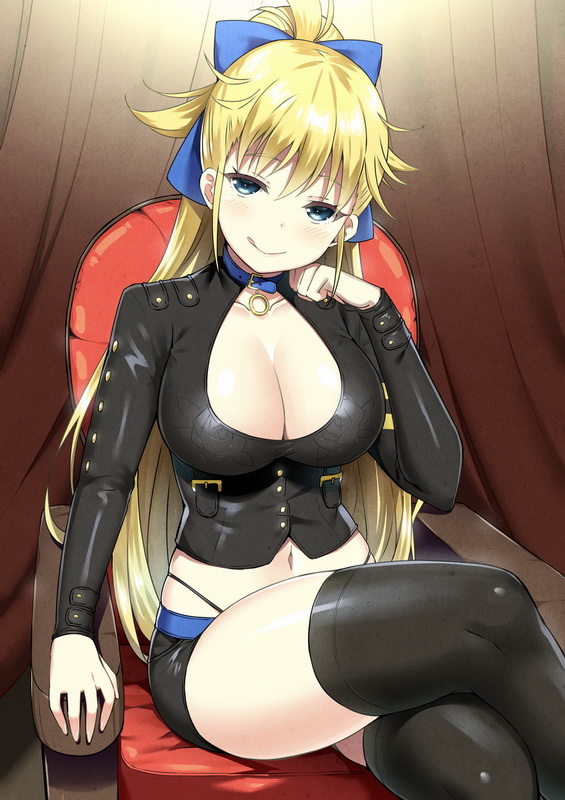 1girl :q armchair bangs black_legwear black_shorts blonde_hair blue_bow blue_eyes blush bow breasts buckle buttons chair cleavage closed_mouth collar collarbone crossed_legs curtains hair_bow head_tilt large_breasts long_hair long_sleeves looking_at_viewer navel shaonyu_cofee_gun shorts sitting skindentation sky_(freedom) smile solo stomach thigh-highs thong tongue tongue_out very_long_hair