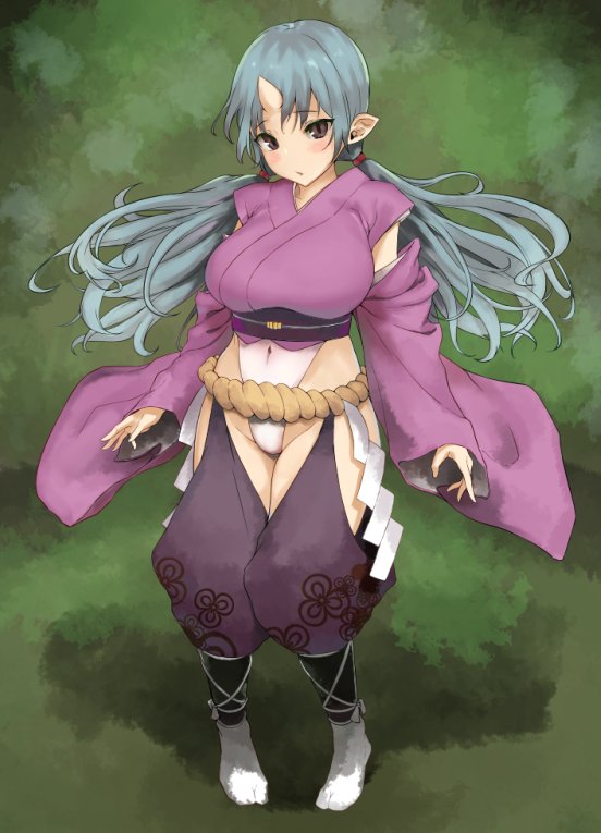1girl :o bangs belt blush breasts covered_navel crop_top cross-laced_clothes detached_sleeves embarrassed floral_print full_body garter_straps green_background grey_eyes groin hair_tie highleg highleg_leotard horn japanese_clothes kimono large_breasts legs_together leotard long_hair long_sleeves looking_at_viewer low_twintails no_shoes obi obmas_(pfeito) oni oni_horns original parted_bangs parted_lips pointy_ears rope sash shadow shide shin_guards short_pointy_ears silver_hair simple_background slit_pupils solo standing tabi thighs twintails underbust white_legwear white_leotard wide_sleeves