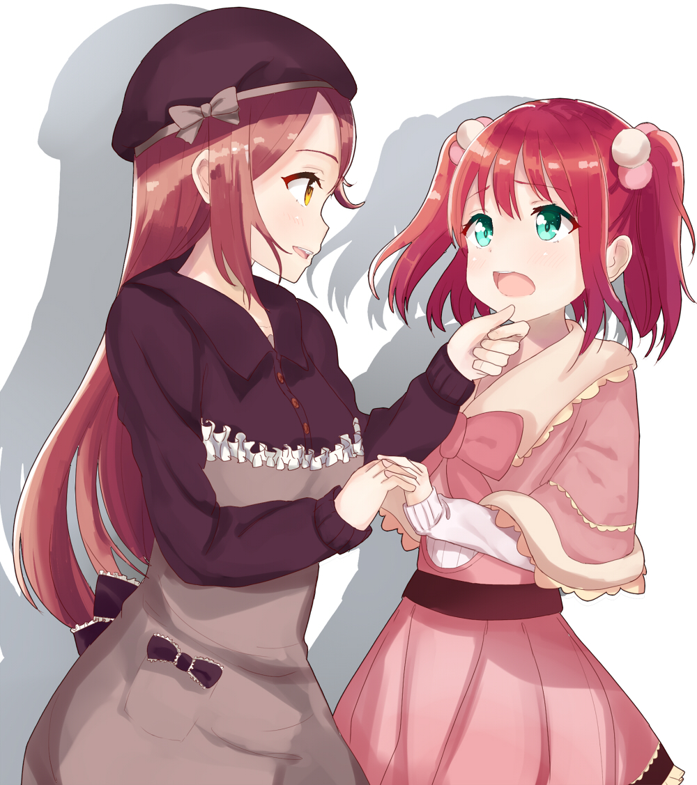 2girls belt bow brown_hair buttons chin_grab collared_shirt commentary_request dress green_eyes hand_on_another's_chin hat holding_hands interlocked_fingers kurosawa_ruby long_hair long_sleeves love_live! love_live!_sunshine!! multiple_girls open_mouth redhead ryosu sakurauchi_riko shadow shirt simple_background two_side_up white_background yellow_eyes yuri