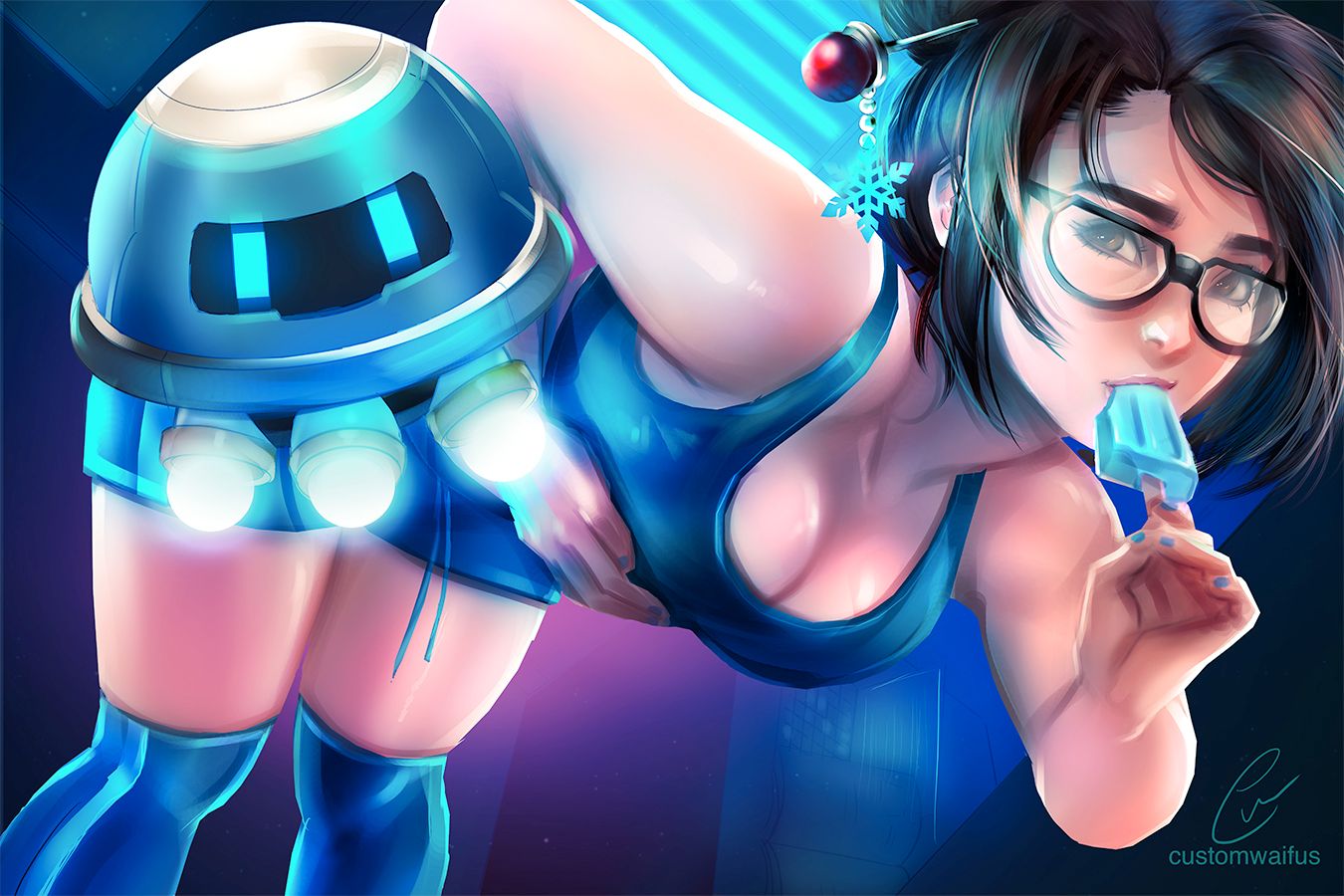1girl artist_name bare_shoulders beads black-framed_eyewear blue_boots blue_nails blue_shorts boots breasts brown_eyes brown_hair cleavage collarbone custom_waifus drone eating fingernails floating hair_bun hair_ornament hair_stick hand_on_breast knee_boots large_breasts leaning_forward looking_at_viewer machinery mei_(overwatch) nail_polish overwatch popsicle robot short_shorts shorts sidelocks signature sleeveless snowflake_hair_ornament solo tank_top