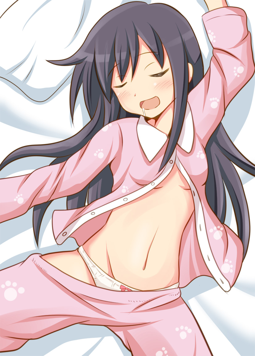 1girl :d alternate_costume asashio_(kantai_collection) bed black_hair blush bow bow_panties breasts buttons closed_eyes drooling eyebrows eyebrows_visible_through_hair kantai_collection long_hair long_sleeves lying navel on_back open_clothes open_mouth pajamas panties pants paw_print pillow pink_pajamas print_pajamas saliva sleeping small_breasts smile solo spread_legs tamayan underwear white_panties